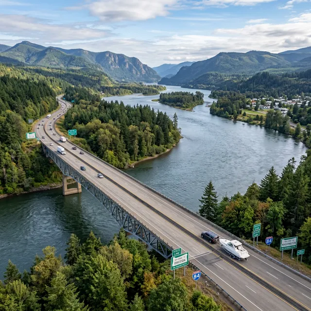 Aerial view of vehicle towing boat across interstate bridge over river