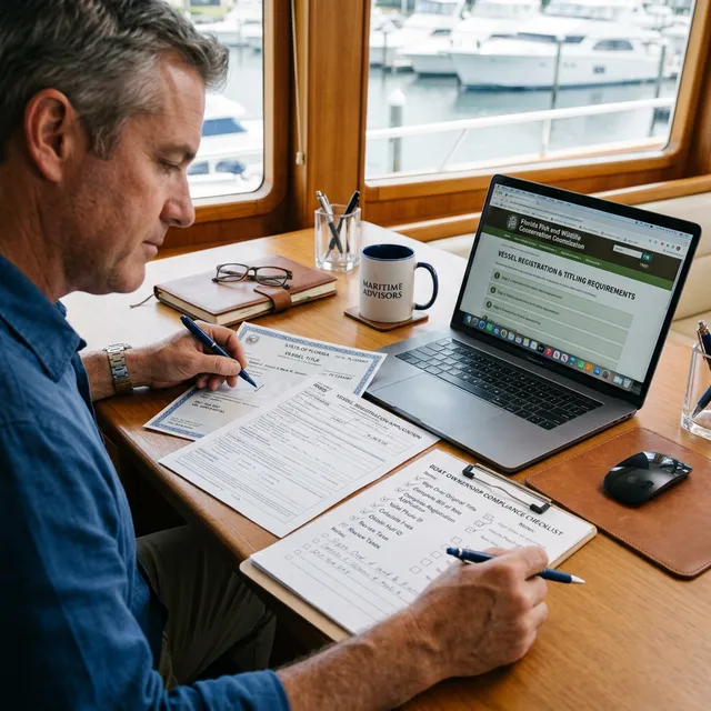 Boat registration documents and checklist on a desk