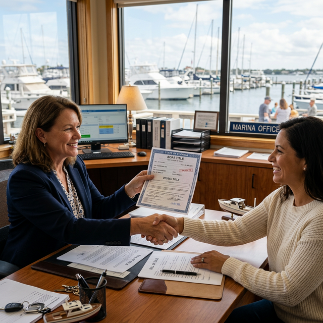 Seller and buyer exchanging boat title documents at marina office