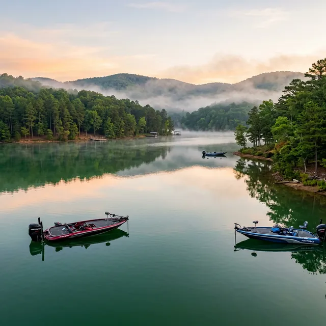 Scenic boating waterway in Arkansas — recreational boats on the water