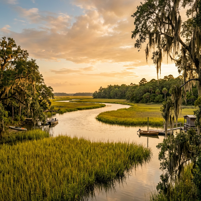 Scenic boating waterway in Georgia — recreational boats on the water