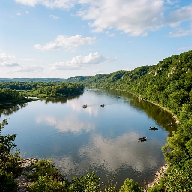 Scenic boating waterway in Iowa — recreational boats on the water