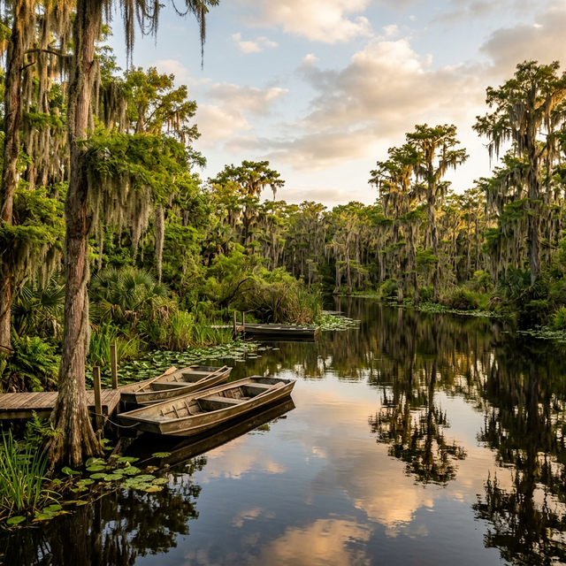 Scenic boating waterway in Louisiana — recreational boats on the water
