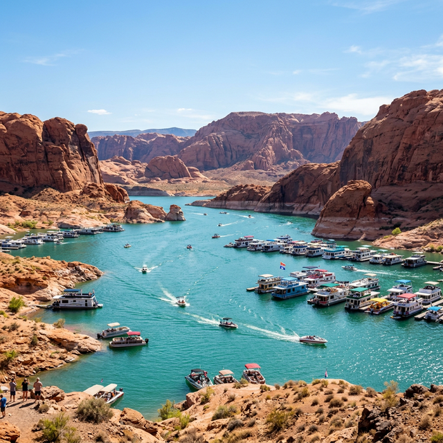 Scenic boating waterway in Nevada — recreational boats on the water