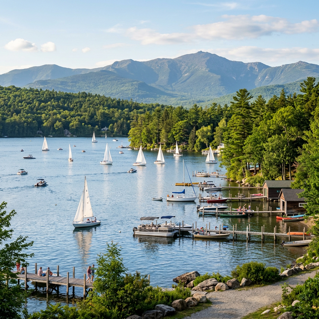 Scenic boating waterway in New Hampshire — recreational boats on the water