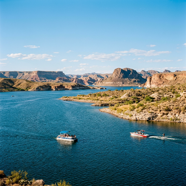 Scenic boating waterway in New Mexico — recreational boats on the water