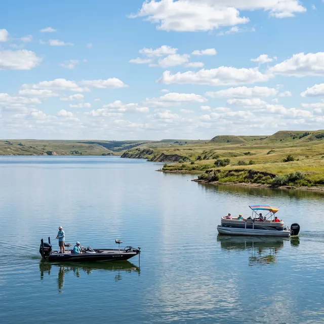 Scenic boating waterway in North Dakota — recreational boats on the water
