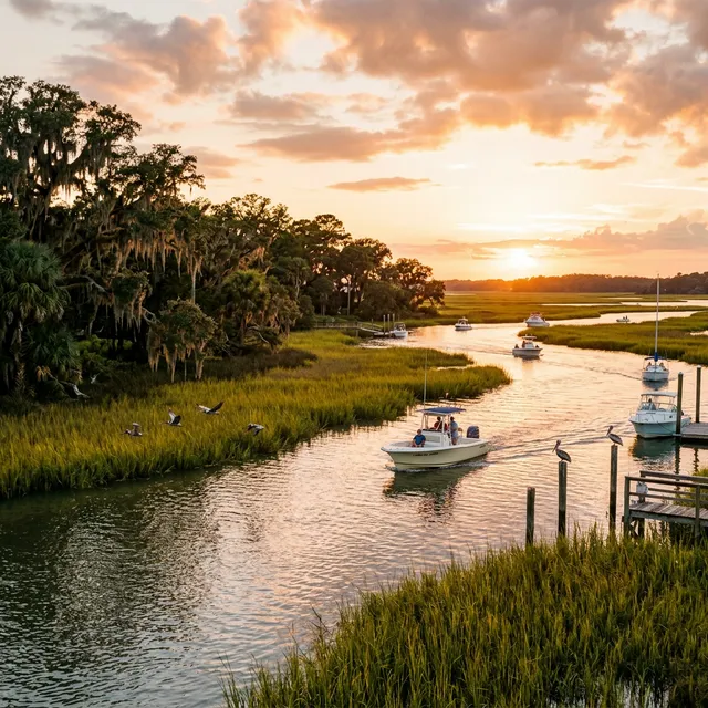 Scenic boating waterway in South Carolina — recreational boats on the water