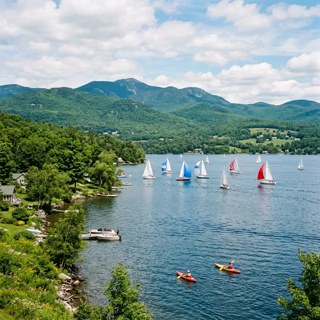 Scenic boating waterway in Vermont — recreational boats on the water