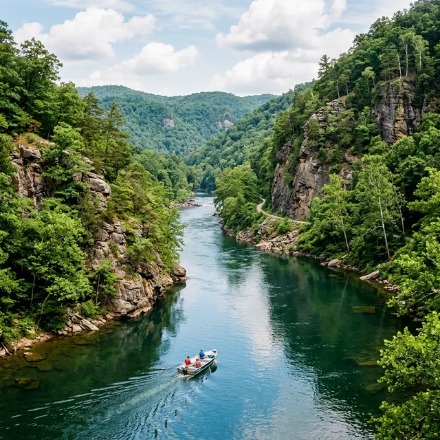 Scenic boating waterway in West Virginia — recreational boats on the water